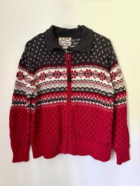 Vintage 90’s Y2K Heirloom Collectibles Red Black Fair Isle Zipper Sweater Medium